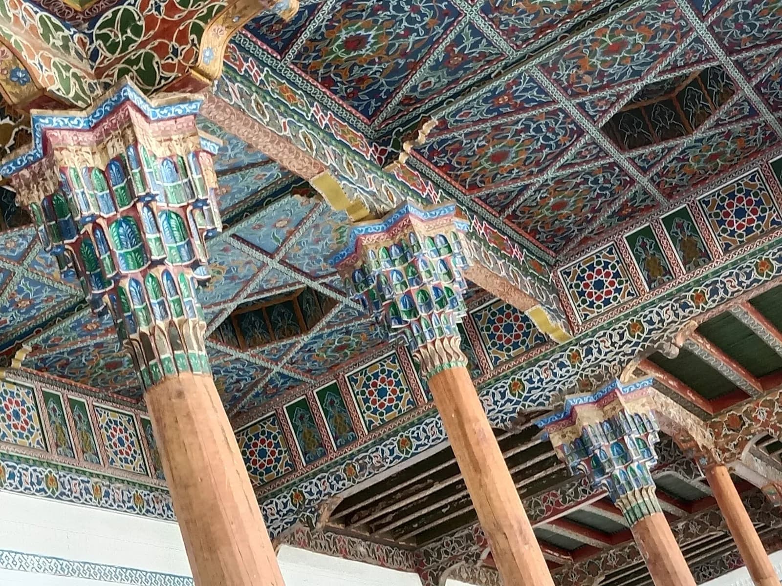 Painted wooden columns and ceiling of the Juma Mosque, Kokand