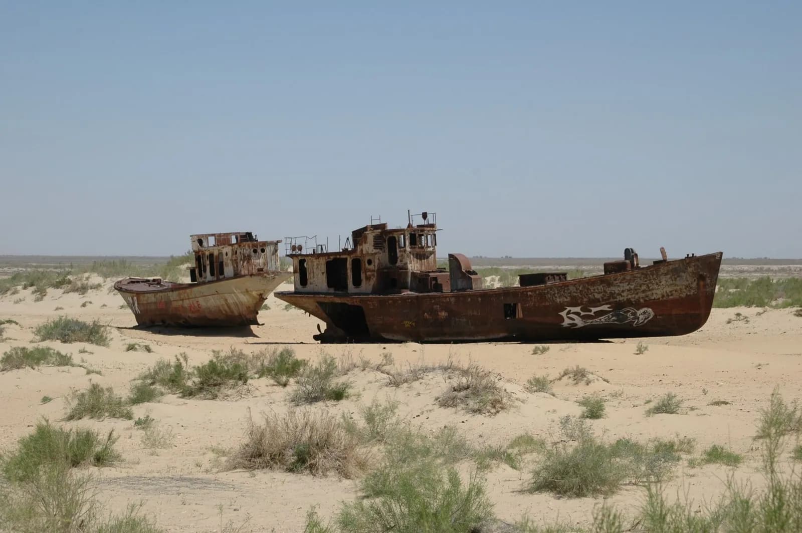 Two shipwrecks at the Moynaq ship graveyard, Karakalpakstan