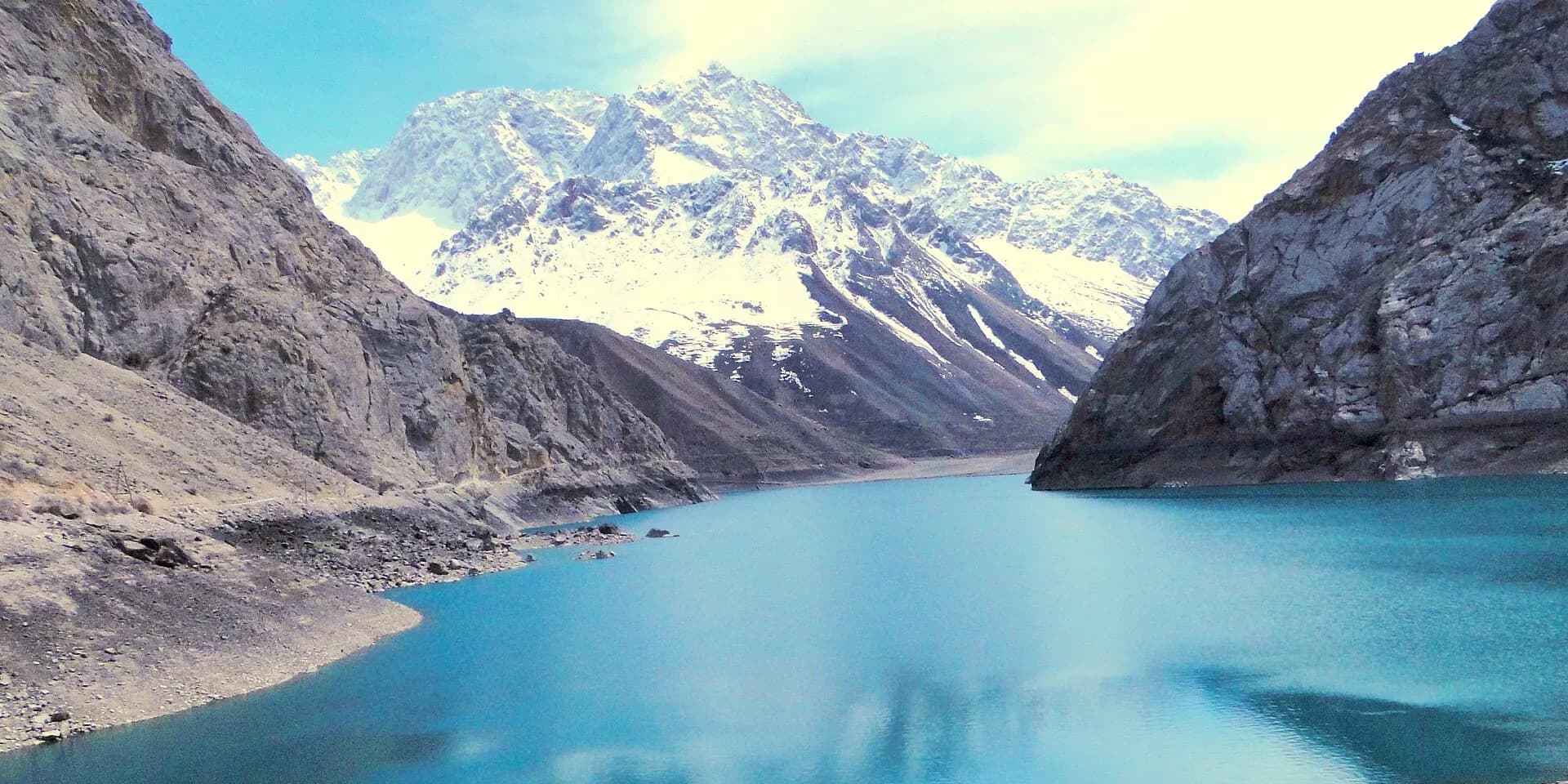 Marguzor Lake below snow-capped peaks of the Fann Mountains, Tajikistan