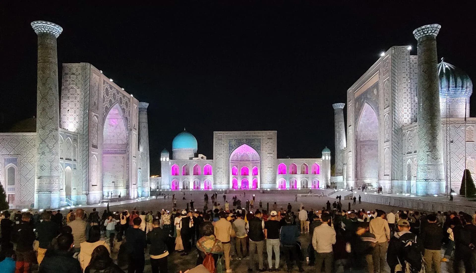 Registan Square, Samarkand, lit up at night