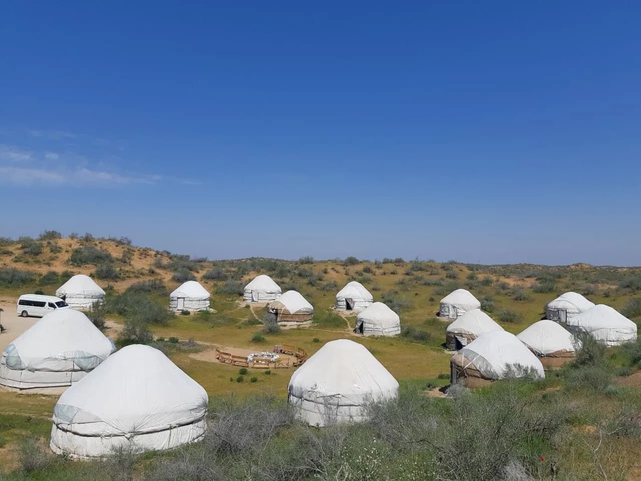 White yurts of the camp near Aydarkul Lake